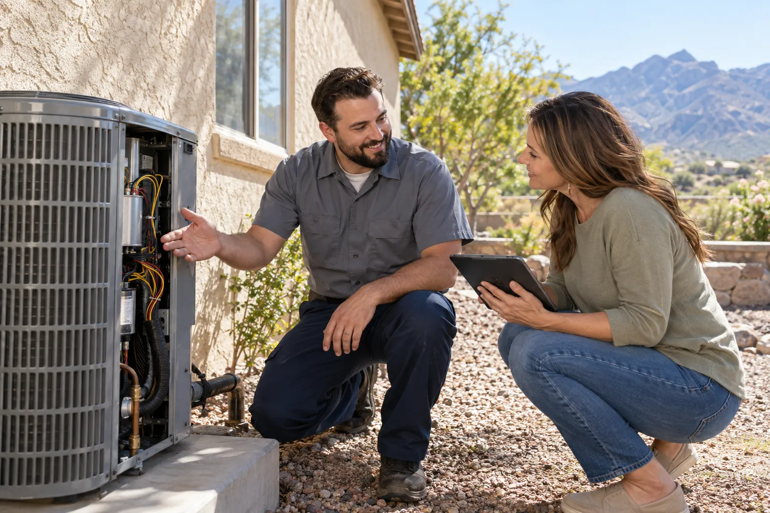 Friendly HVAC provider inspecting an outdoor air conditioner at a home in West Jordan while a homeowner looks on