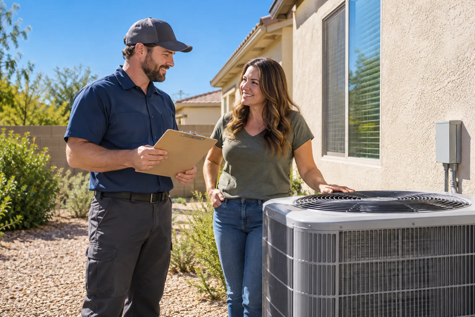 Homeowner and friendly HVAC provider reviewing an air conditioner outside a West Jordan home
